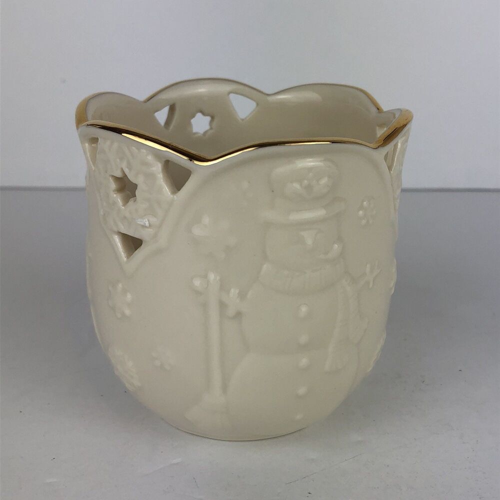 Lenox Candle Holder Snow Man Pattern Cream Gold Merry Lights Christmas Holidays
